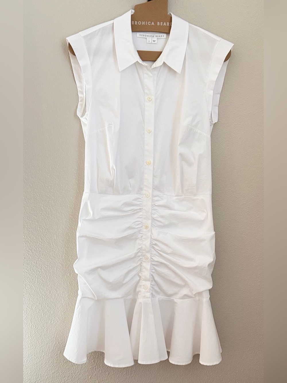 Veronica Beard Bell Button-Down Ruched Shirt Dress in White - 6